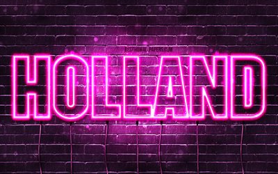 Holland, 4k, wallpapers with names, female names, Holland name, purple neon lights, Happy Birthday Holland, picture with Holland name