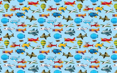 dibujos animados de aviones patr&#243;n, 4k, fondo con los aviones, creativo, aeronaves, las texturas, los ni&#241;os texturas, dibujos animados de aviones de fondo, los aviones de los patrones, los ni&#241;os de fondos, planos de patrones