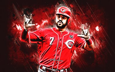 Eugenio Suarez, Cincinnati Reds, MLB, Venezuelan baseball player, portrait, red stone background, baseball, Major League Baseball