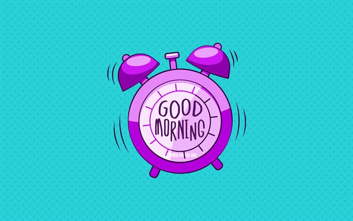 Good Morning, violet alarm clock, 4k, blue dotted backgrounds, creative, good morning concepts, minimalism, good morning with clock
