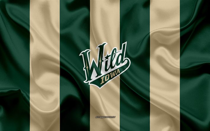 iowa wild -, american-hockey-club, emblem, seide-flag, gr&#252;n-braune seide textur, ahl iowa wild-logo, iowa, usa, hockey, american hockey league