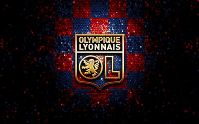 Olympique Lyonnais-FC, glitter logotyp, Liga 1, r&#246;d bl&#229; rutig bakgrund, fotboll, Olympique Lyonnais, franska fotbollsklubben, Olympique Lyonnais logotyp, mosaik konst, Frankrike, OL logotyp