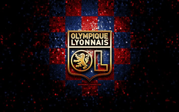 Olympique Lyonnais FC, glitter logo, Ligue 1, red blue checkered background, soccer, Olympique Lyonnais, french football club, Olympique Lyonnais logo, mosaic art, football, France, OL logo