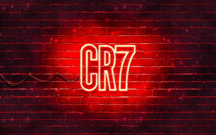 CR7 الشعار الأحمر, 4k, الأحمر brickwall, كريستيانو رونالدو, مروحة الفن, شعار CR7, نجوم كرة القدم, CR7 النيون شعار, CR7, كريستيانو رونالدو شعار