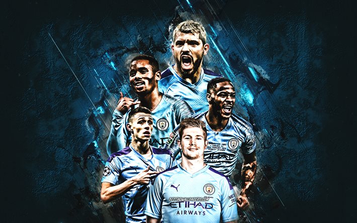 Download Wallpapers Manchester City Fc English Football Club Manchester England Manchester City Players Blue Stone Background Football Sergio Aguero Kevin De Bruyne Raheem Sterling Gabriel Jesus For Desktop Free Pictures For Desktop