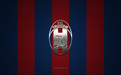fc crotone-logo, italienische fu&#223;ball-club, metall-emblem, blau-rot-metal-mesh-hintergrund, fc crotone, serie b, crotone, italien, fu&#223;ball