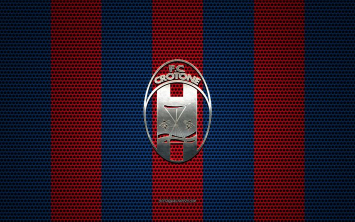 FC Crotone logo, Italian football club, metalli-tunnus, sininen-punainen metalli mesh tausta, FC Crotone, B-Sarjan, Crotone, Italia, jalkapallo