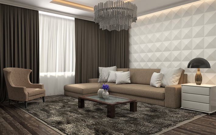living room project, modern interior design, 3d white panels on the wall, living room, brown colors, dark wood flooring in the living room, stylish interior