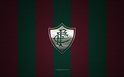 Fluminense FC logo, Brazilian football club, metal emblem, green-burgundy metal mesh background, Fluminense FC, Serie A, Rio de Janeiro, Brazil, football