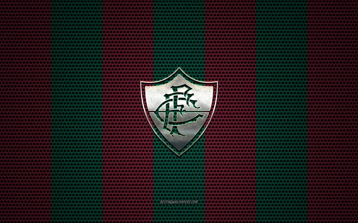 Fluminense FCロゴ, ブラジルのサッカークラブ, 金属エンブレム, グリーンバーガンディーメタルメッシュの背景, Fluminense FC, シリーズ, リオデジャネイロ, ブラジル, サッカー