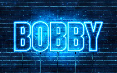 Bobby, 4k, fondos de pantalla con los nombres, el texto horizontal, Bobby nombre, Feliz Cumplea&#241;os de Bobby, el azul de las luces de ne&#243;n de la imagen con el nombre de Bobby