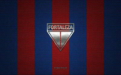 Fortaleza logo, Brazilian football club, metal emblem, blue-red metal mesh background, Fortaleza EC, Serie A, Fortaleza, Brazil, football