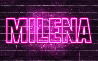 Milena, 4k, tapeter med namn, kvinnliga namn, Milena namn, lila neon lights, Grattis P&#229; F&#246;delsedagen Milena, bild med Milena namn