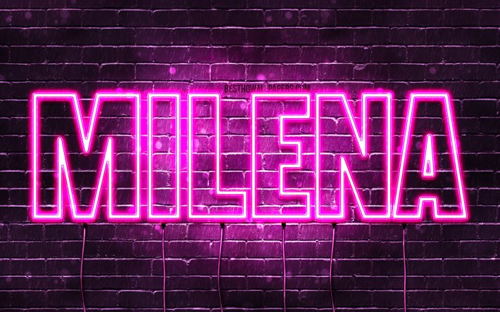 milena, 4k, tapeten, die mit namen, weibliche namen, milena name, purple neon lights, happy birthday milena, bild mit namen milena