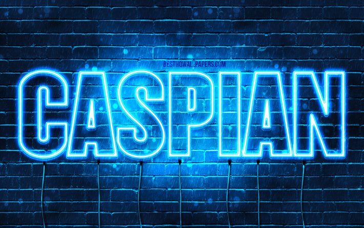 Caspian, 4k, wallpapers with names, horizontal text, Caspian name, Happy Birthday Caspian, blue neon lights, picture with Caspian name