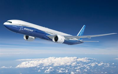 Flying Boeing 777-300ER, airplane, blue sky, Boeing 777-300ER, airliner, passenger planes, Boeing, 777