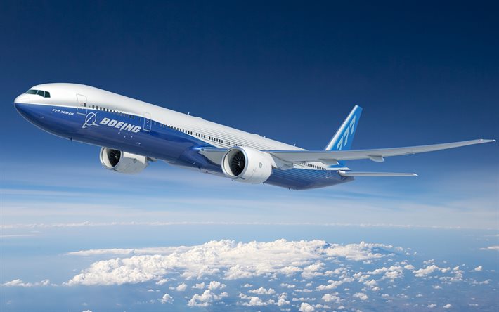 fliegende boeing 777-300er, flugzeug, blauer himmel, boeing 777-300er, passagierflugzeug, passagierflugzeuge, boeing, 777