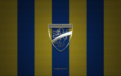 frosinone calcio logo, italienische fu&#223;ball-club, metall-emblem, blau-gelb-metall-mesh-hintergrund, frosinone calcio, serie b, frosinone, italien, fu&#223;ball