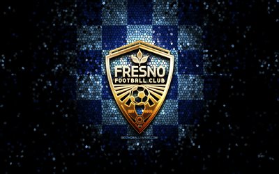 Fresno FC, glitter logotyp, USL, bl&#229; rutig bakgrund, USA, amerikansk fotboll, FC Fresno, United Soccer League, Fresno logotyp, mosaik konst, fotboll, Amerika