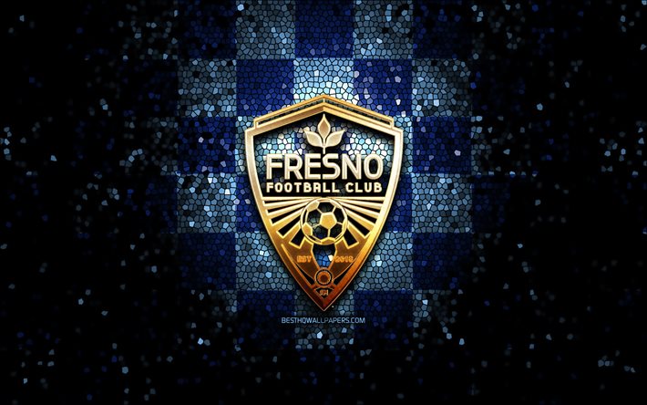 Fresno FC, glitter-logo, USL, sininen ruudullinen tausta, USA, amerikkalainen jalkapallo joukkue, FC Fresno, United Soccer League, Fresno-logo, mosaiikki taidetta, jalkapallo, Amerikassa