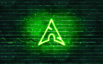 Manjaro logo vert, 4k, vert, mur de briques, Manjaro logo, Linux, Manjaro n&#233;on logo, Manjaro