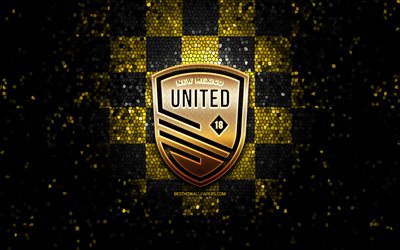 New Mexico United FC, glitter logotyp, USL, gul-svart rutig bakgrund, USA, amerikansk fotboll, New Mexico Usa, United Soccer League, New Mexico United logotyp, mosaik konst, fotboll, Amerika