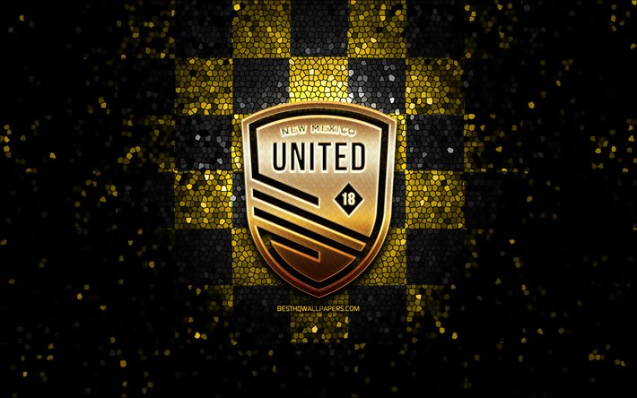New Mexico United FC, glitter logotyp, USL, gul-svart rutig bakgrund, USA, amerikansk fotboll, New Mexico Usa, United Soccer League, New Mexico United logotyp, mosaik konst, fotboll, Amerika
