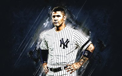 Gleyber Torres, Nova York Yankees, MLB, Bolivar jogador de beisebol, retrato, a pedra azul de fundo, beisebol, Major League Baseball, EUA