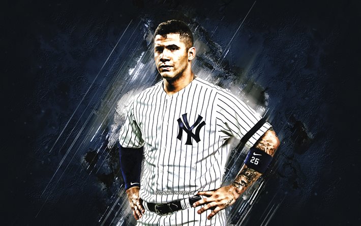Gleyber Torres, New York Yankees, MLB, Venezuelan baseball player, portrait, blue stone background, baseball, Major League Baseball, USA