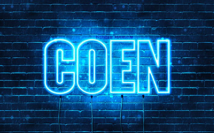 Coen, 4k, fondos de pantalla con los nombres, el texto horizontal, Coen nombre, Feliz Cumplea&#241;os Coen, luces azules de ne&#243;n, imagen con nombre Coen