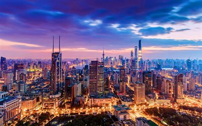 Shanghai, sunset, metropol, moderna byggnader, skyskrapor, Kina, Asien, Shanghai i kv&#228;ll