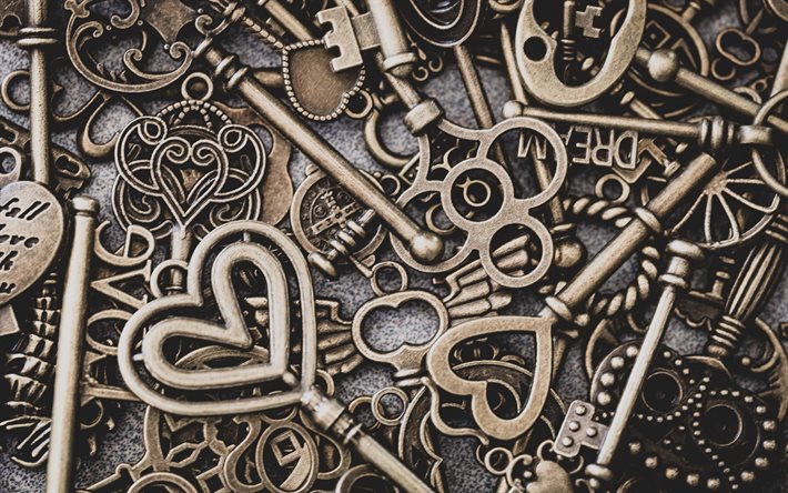 gamla nycklar, 4k, makro, nycklar m&#246;nster, metall knappar, bakgrund med nycklar, retro bakgrund, nycklar texturer