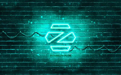 Zorin OS turquoise logo, 4k, turquoise brickwall, Zorin OS logo, Linux, Zorin OS neon logo, Zorin OS