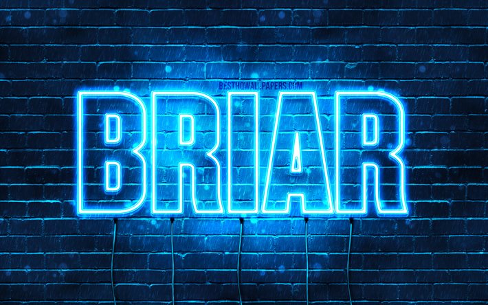 Briar, 4k, taustakuvia nimet, vaakasuuntainen teksti, Briar nimi, Hyv&#228;&#228; Syntym&#228;p&#228;iv&#228;&#228; Briar, blue neon valot, kuva Briar nimi