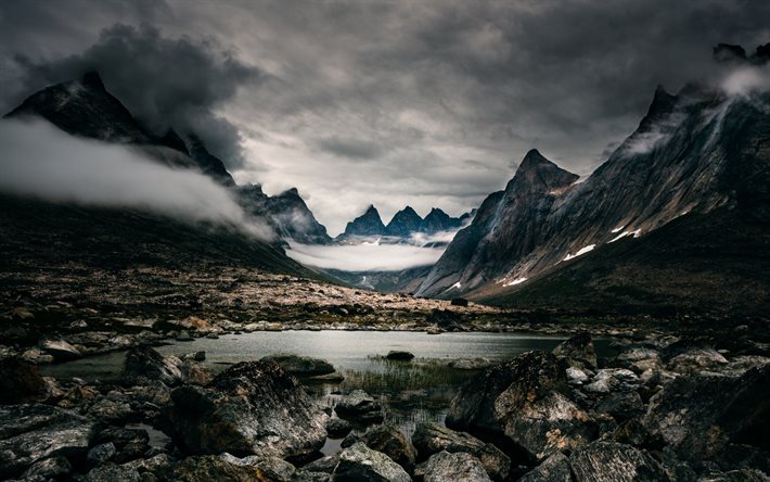 岩, 夕日, 曇り, 夜, 山の風景, 山湖, グリーンランド