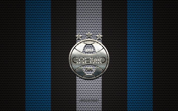 Gremio FC logo, Brezilyalı Futbol Kul&#252;b&#252;, metal amblem, mavi-siyah metal mesh arka plan, Gremio FC, Schalke, Porto Alegre, Brezilya, futbol