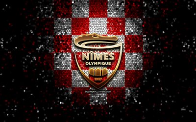 Nimes Olympique FC, glitter logo, Ligue 1, red white checkered background, soccer, Nimes Olympique, french football club, Nimes Olympique logo, mosaic art, football, France