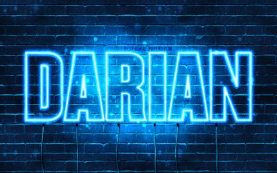 Darian, 4k, sfondi per il desktop con i nomi, il testo orizzontale, Darian nome, Felice Compleanno Darian, neon blu, foto con Darian nome