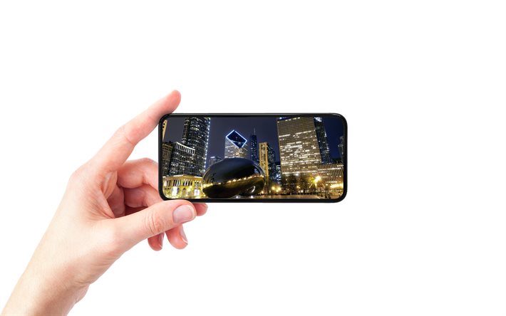 Chicago, Illinois, Millennium Park, smartphone i handen, vit bakgrund, smartphone, Chicago stadsbilden, USA