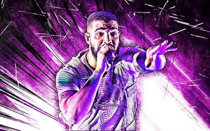 Drake, grunge konst, 4k, kanadensisk rappare, violetta str&#229;lar sammanfattning, musik stj&#228;rnor, Aubrey Drake Graham, Drake med mikrofon, kreativa, Drake 4K