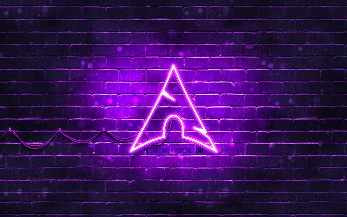 Manjaro violetti logo, 4k, violetti brickwall, Manjaro logo, Linux, Manjaro neon-logo, Manjaro
