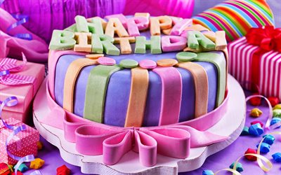 Happy Birthday, birthday cake, multi-colored cream, multi-colored cake, Birthday greeting card, gifts, Birthday background