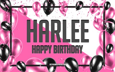 お誕生日おめでHarlee, お誕生日の風船の背景, Harlee, 壁紙名, Harleeお誕生日おめで, ピンク色の風船をお誕生の背景, ご挨拶カード, Harlee誕生日