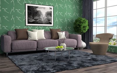 living room, modern interior design, green walls in the living room, stylish interior design, living room project