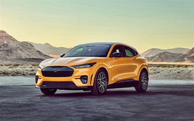 Ford Mustang Mach-E GT, 2021, 4k, exterior, front view, electric SUV, new yellow Mustang Mach-E GT, electric cars, american cars, Ford
