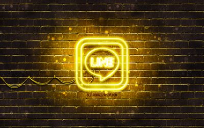 LOGO JAUNE LINE, 4k, mur de briques jaune, logo LINE, messagers, logo au n&#233;on LINE, LIGNE