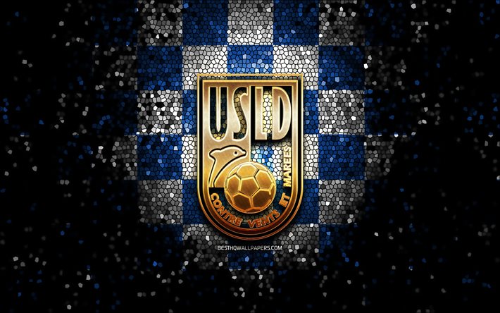 USL Dunkerque, glitter logo, Ligue 2, blue white checkered background, soccer, french football club, USL Dunkerque logo, mosaic art, football, Dunkerque FC