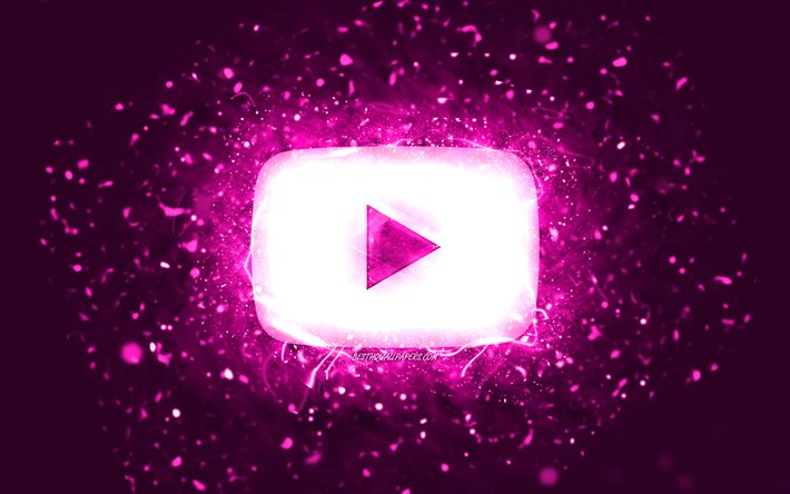 Logotipo roxo do Youtube, 4k, luzes de n&#233;on roxas, rede social, criativo, fundo abstrato roxo, logotipo do Youtube, Youtube