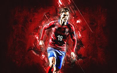Patrik Schick, Tšekin tasavallan jalkapallomaajoukkue, muotokuva, tšekkil&#228;inen jalkapalloilija, punainen kivi tausta, jalkapallo
