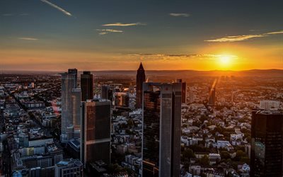 Frankfurt am Main, 4k, p&#244;r do sol, paisagens urbanas do horizonte, edif&#237;cios modernos, cidades alem&#227;s, Europa, ver&#227;o, Alemanha, Cidades da Alemanha, Frankfurt am Main Alemanha, paisagens urbanas
